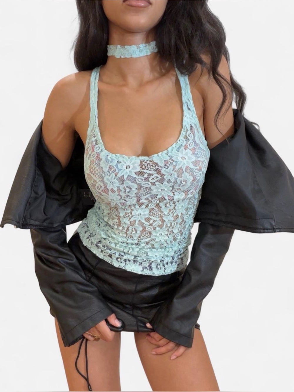 🩵Turquoise lace tank top with floral design (dm for optional neck piece)